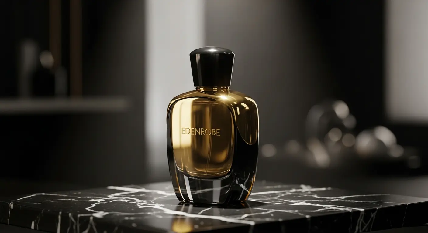 Luxury Edenrobe perfume bottle on black marble surface with golden lighting