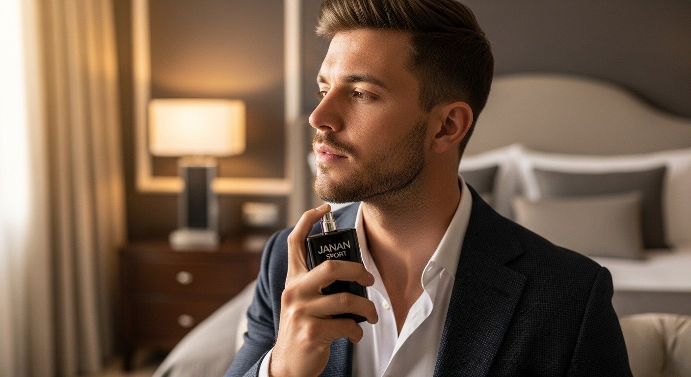 Man applying Janan Sport perfume before going out