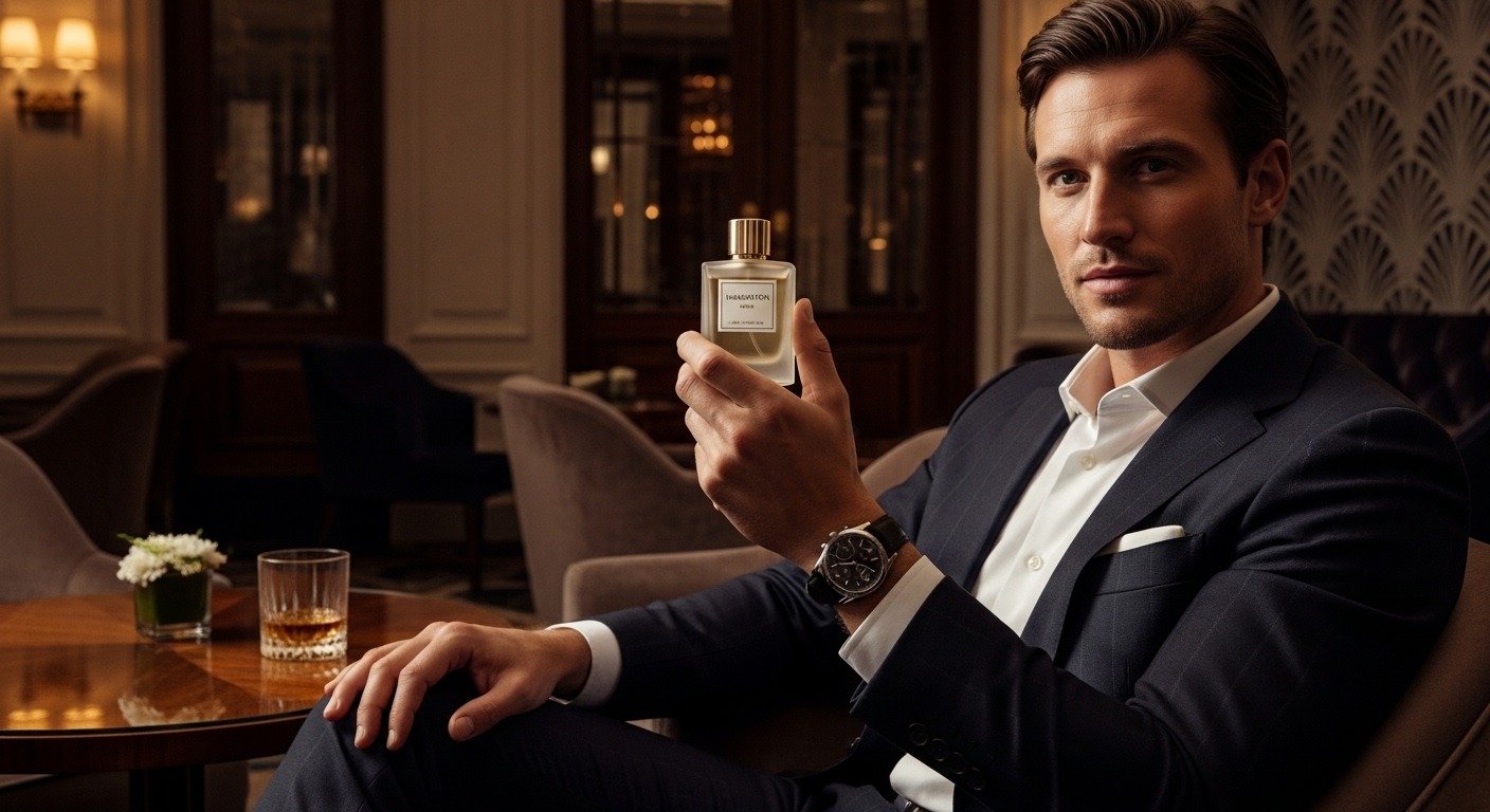 Elegant man using imagination perfume in a luxury environment