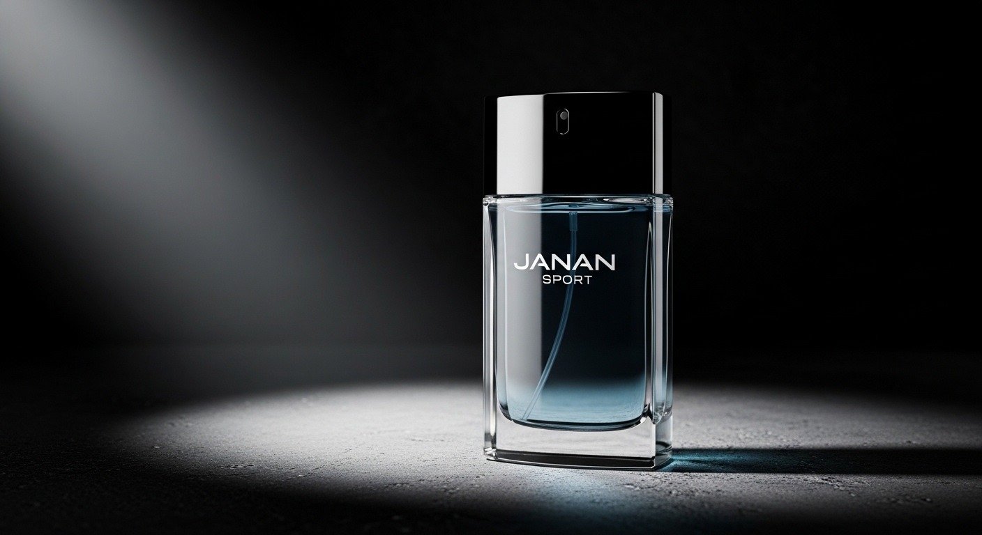 Janan Sport perfume bottle on dark luxury background