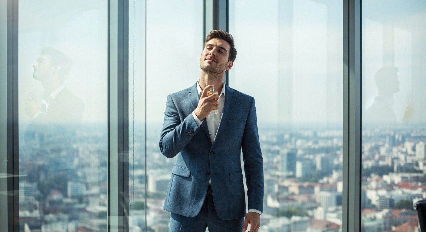 Businessman using Edenrobe perfume in modern office