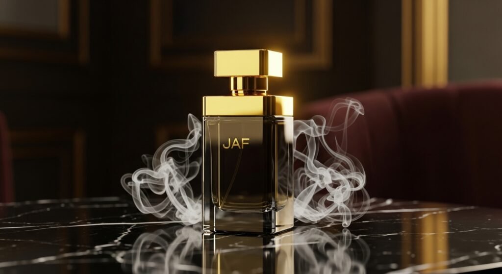 Luxury JAF perfume bottle with golden light on black marble background