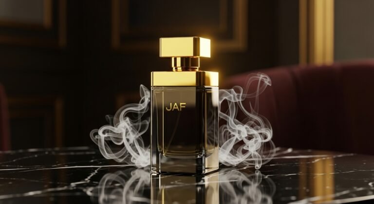 Luxury JAF perfume bottle with golden light on black marble background