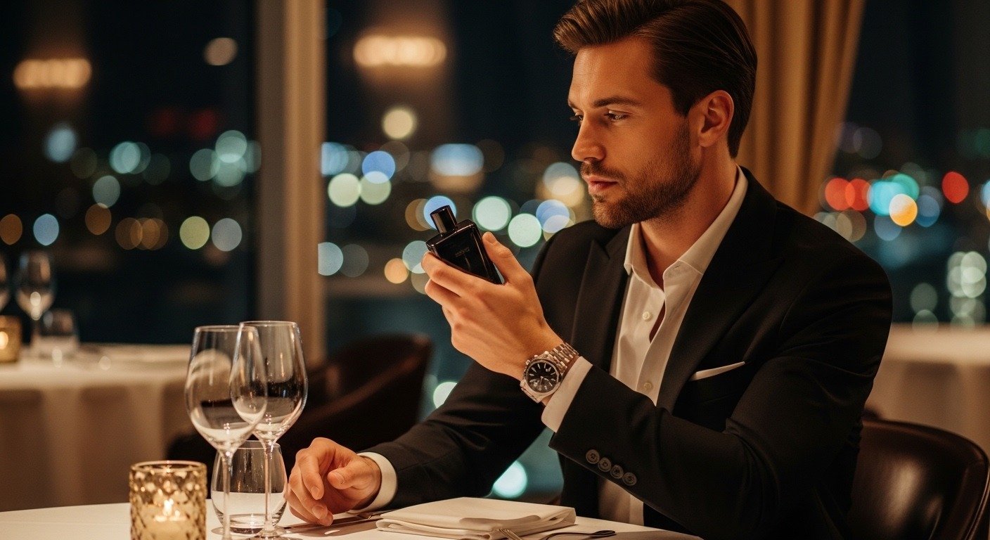 Elegant man wearing Afnan 9PM perfume in a luxury night setting