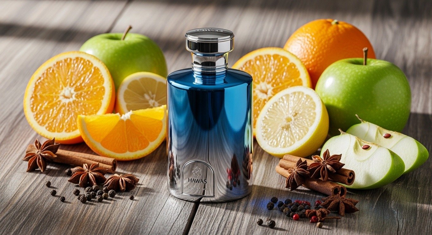 Hawas perfume bottle with apple, citrus and spices representing fragrance notes