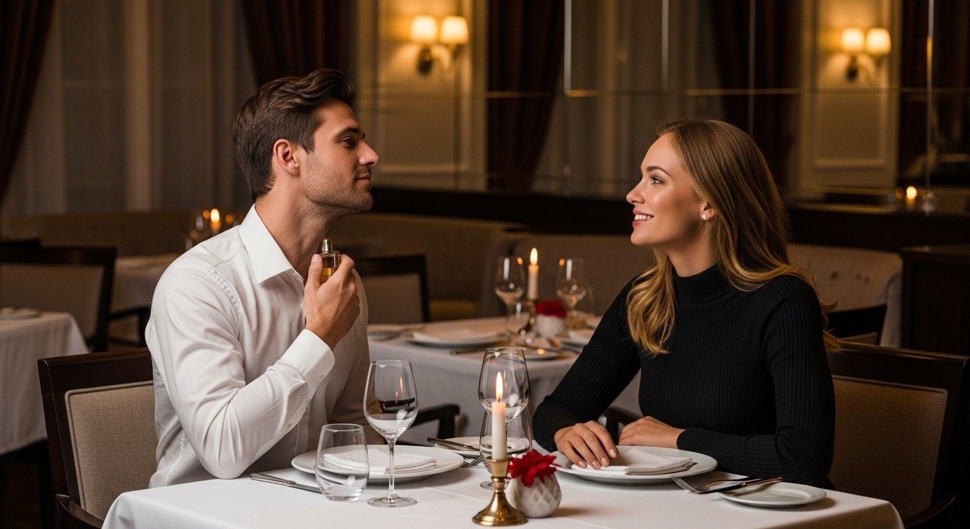 Man applying Afnan 9PM perfume before romantic dinner date