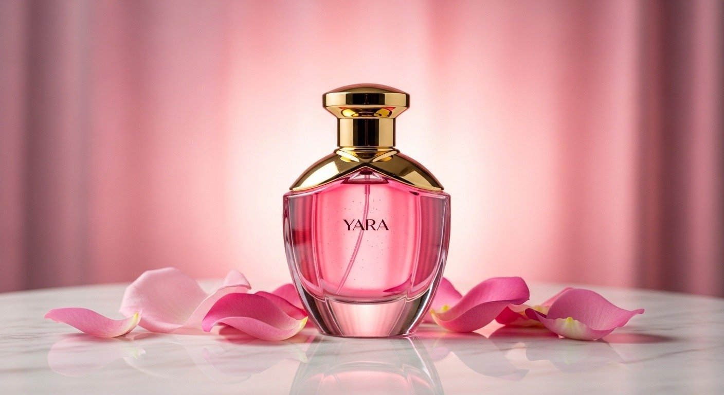 Yara perfume luxury pink bottle with elegant design on marble table