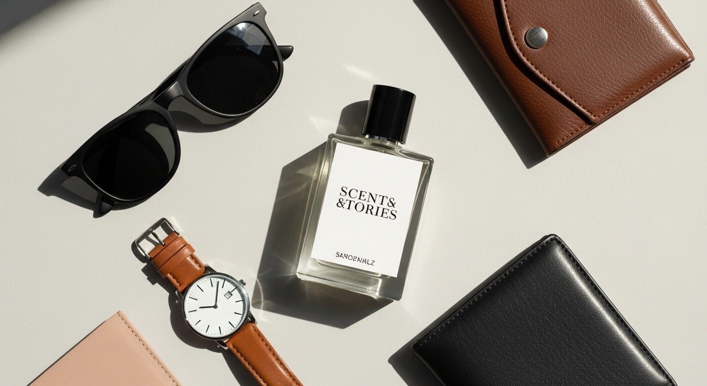 Scents and Stories perfume flat lay with men accessories