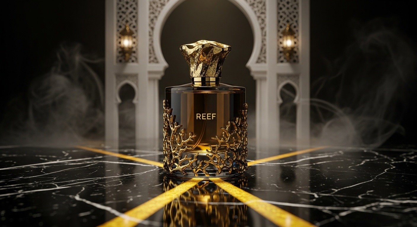 Luxury Reef perfume bottle with elegant golden lighting on black marble background
