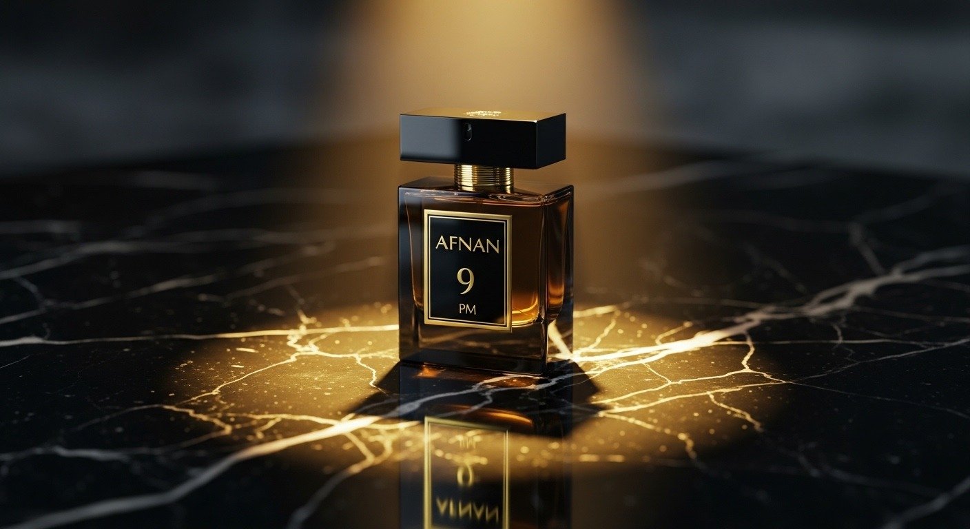 Afnan 9PM perfume bottle on black marble with luxury golden lighting