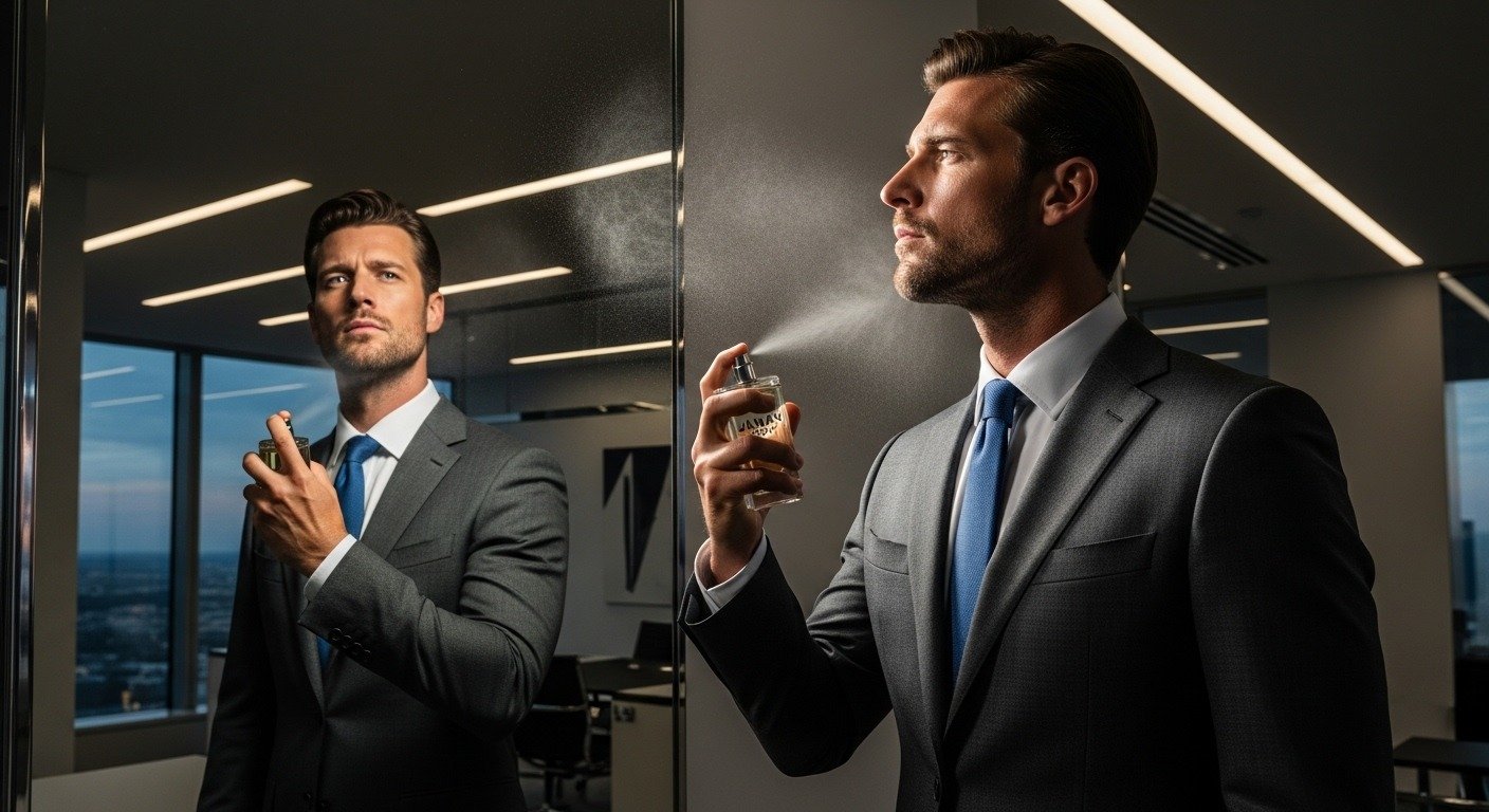 Businessman using Janan Sport perfume before office