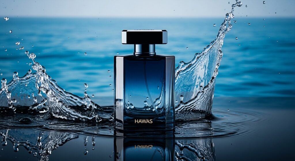 Luxury Hawas perfume bottle with ocean-inspired background and elegant lighting