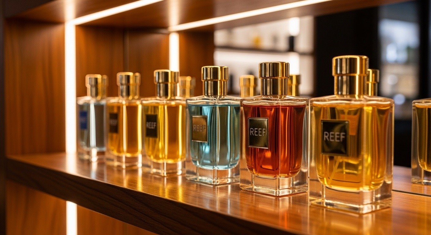 Collection of Reef perfume bottles displayed in luxury setting