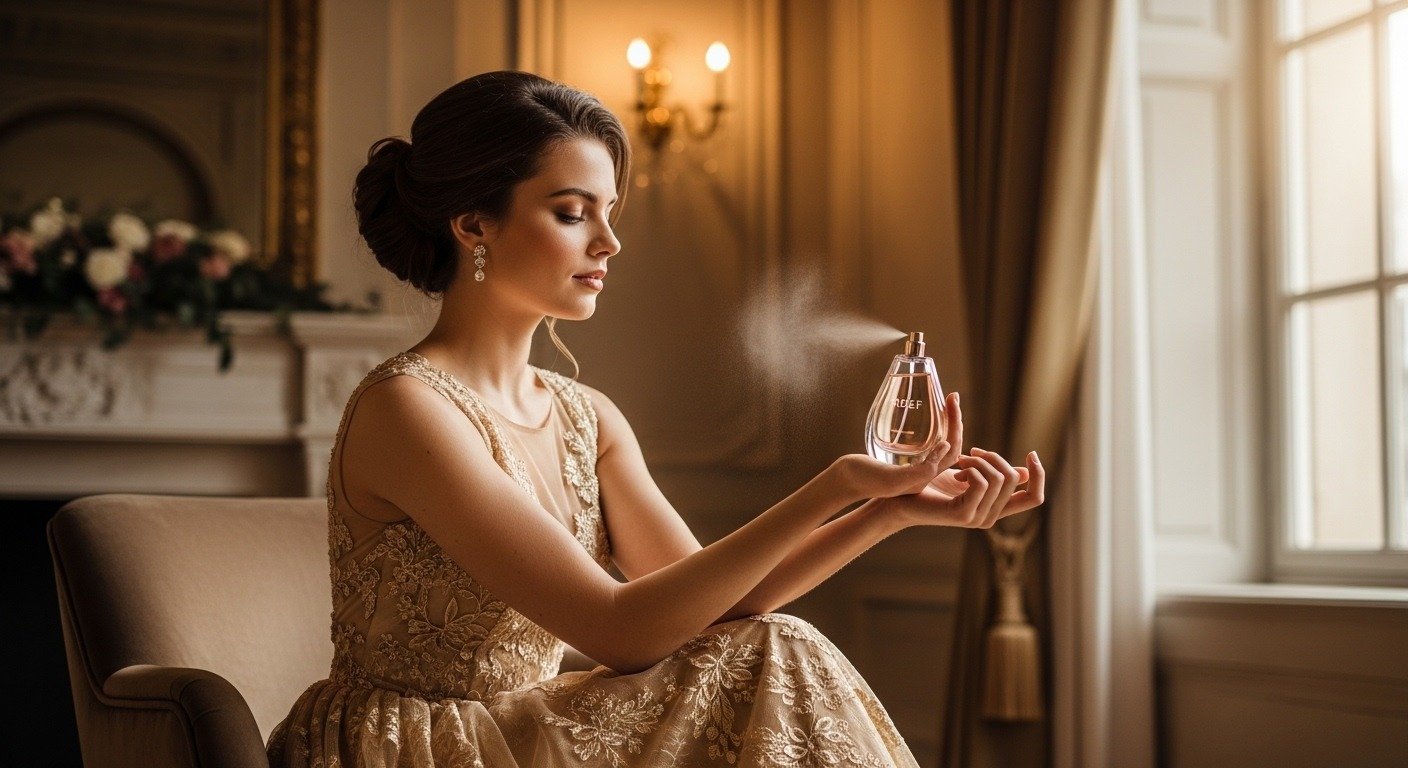 Elegant woman applying Reef perfume on her wrist