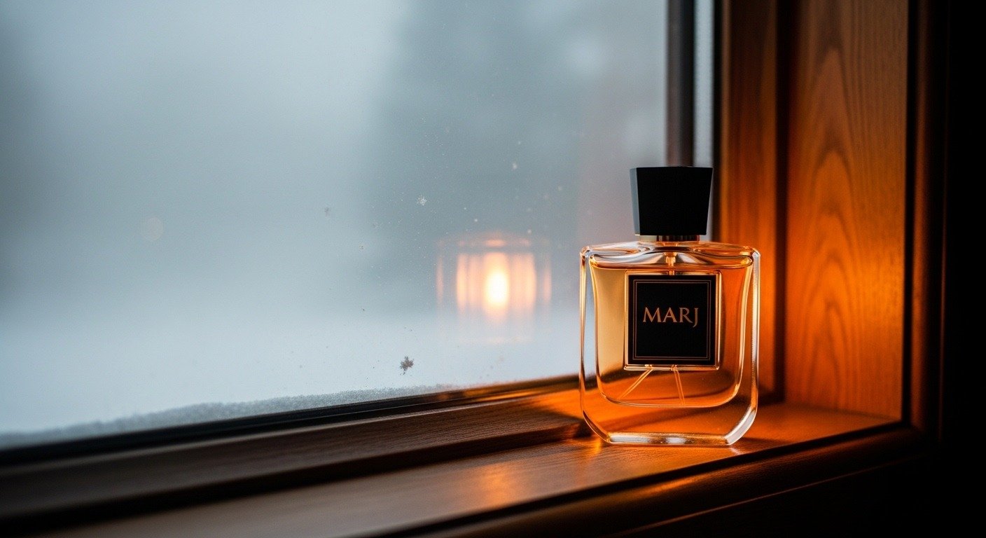 Marj Perfume bottle in winter environment with warm lighting