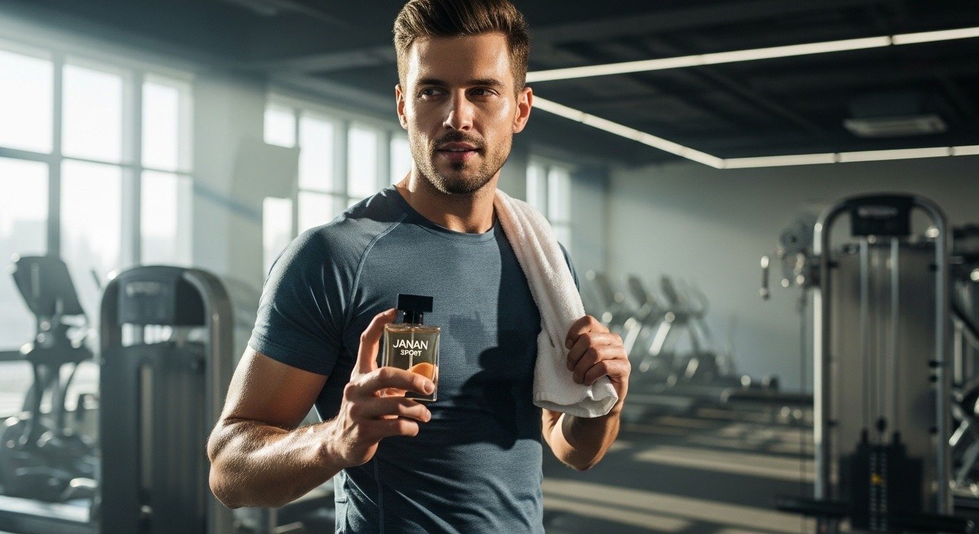 Man holding Janan Sport perfume after workout
