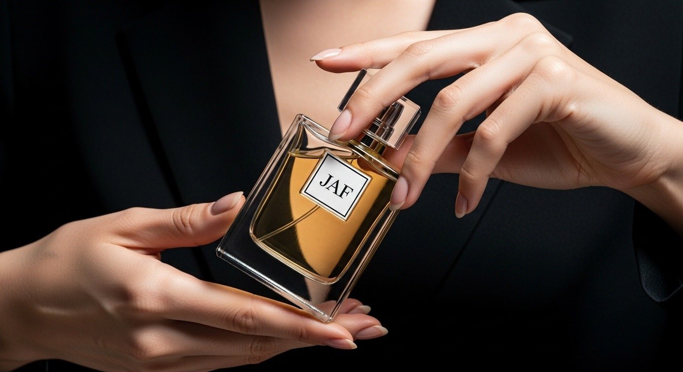 Elegant woman holding JAF perfume bottle near her neck