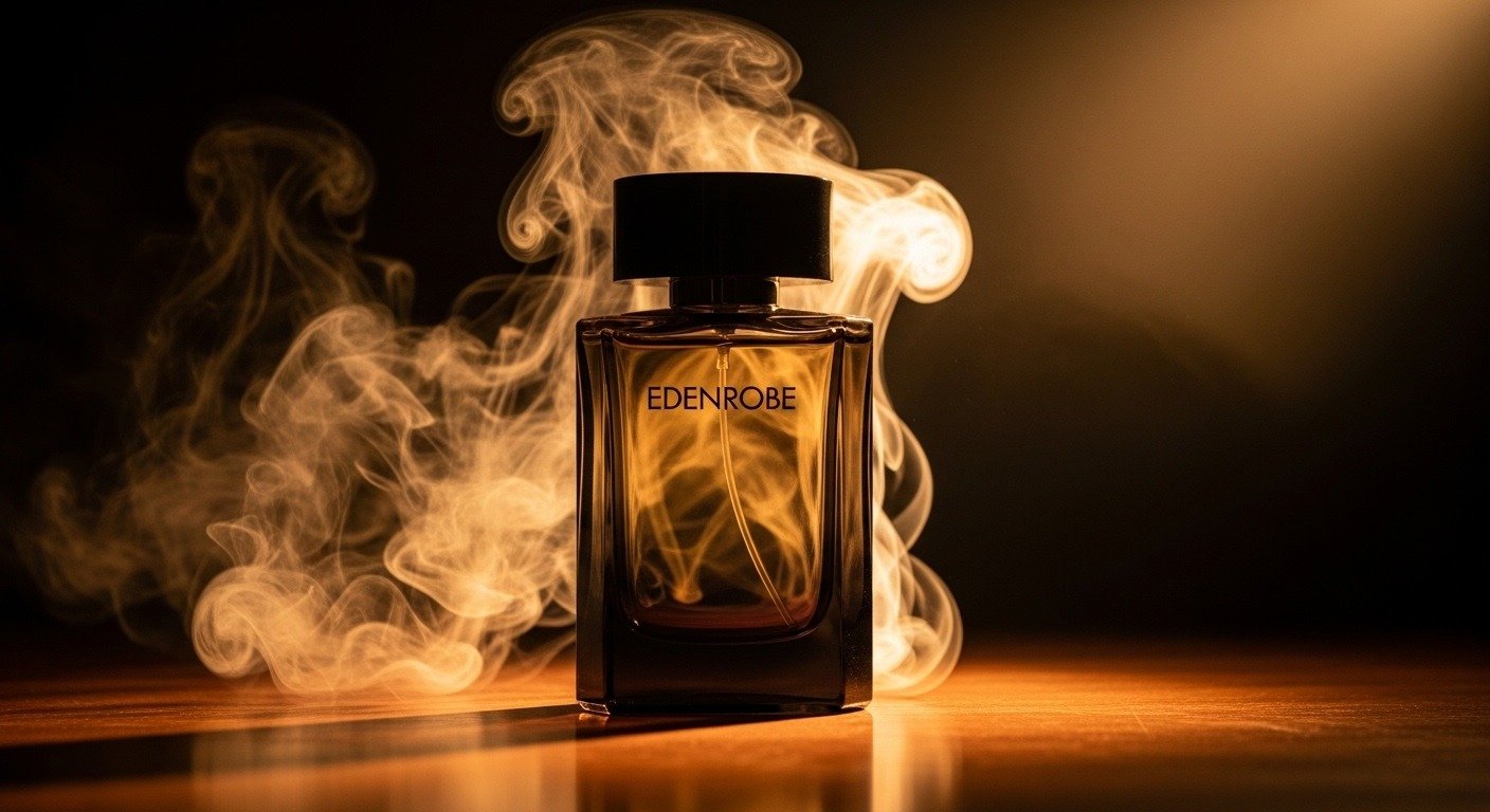Edenrobe perfume bottle with smoke and warm lighting background
