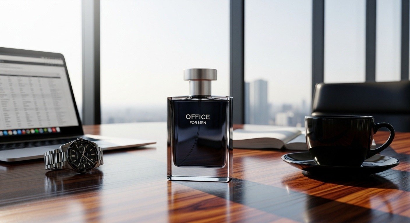 Office for Men perfume bottle on a modern office desk with luxury watch and laptop