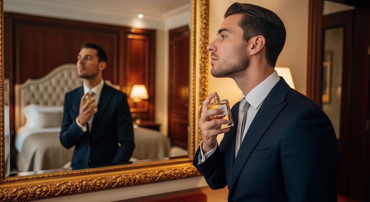 Man applying Marj Perfume before going to an event in stylish room