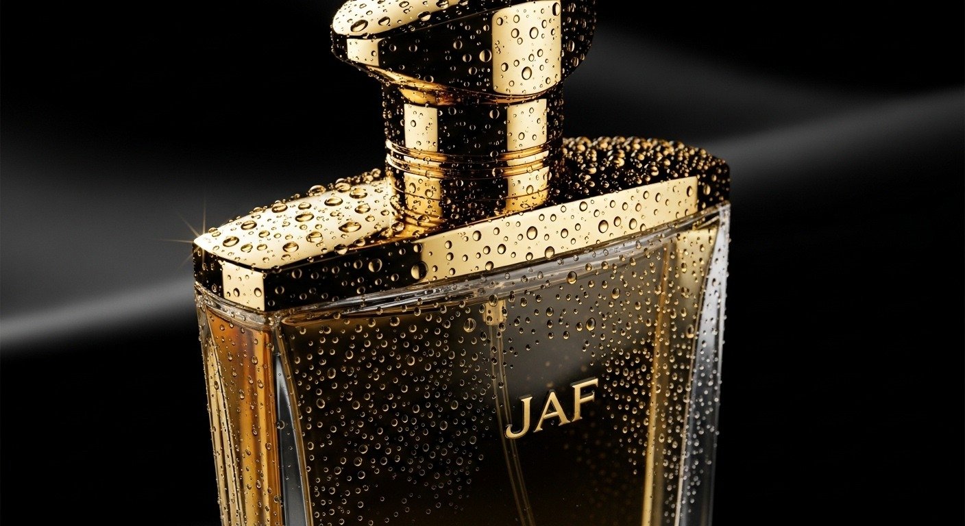 Close up luxury JAF perfume bottle with water droplets