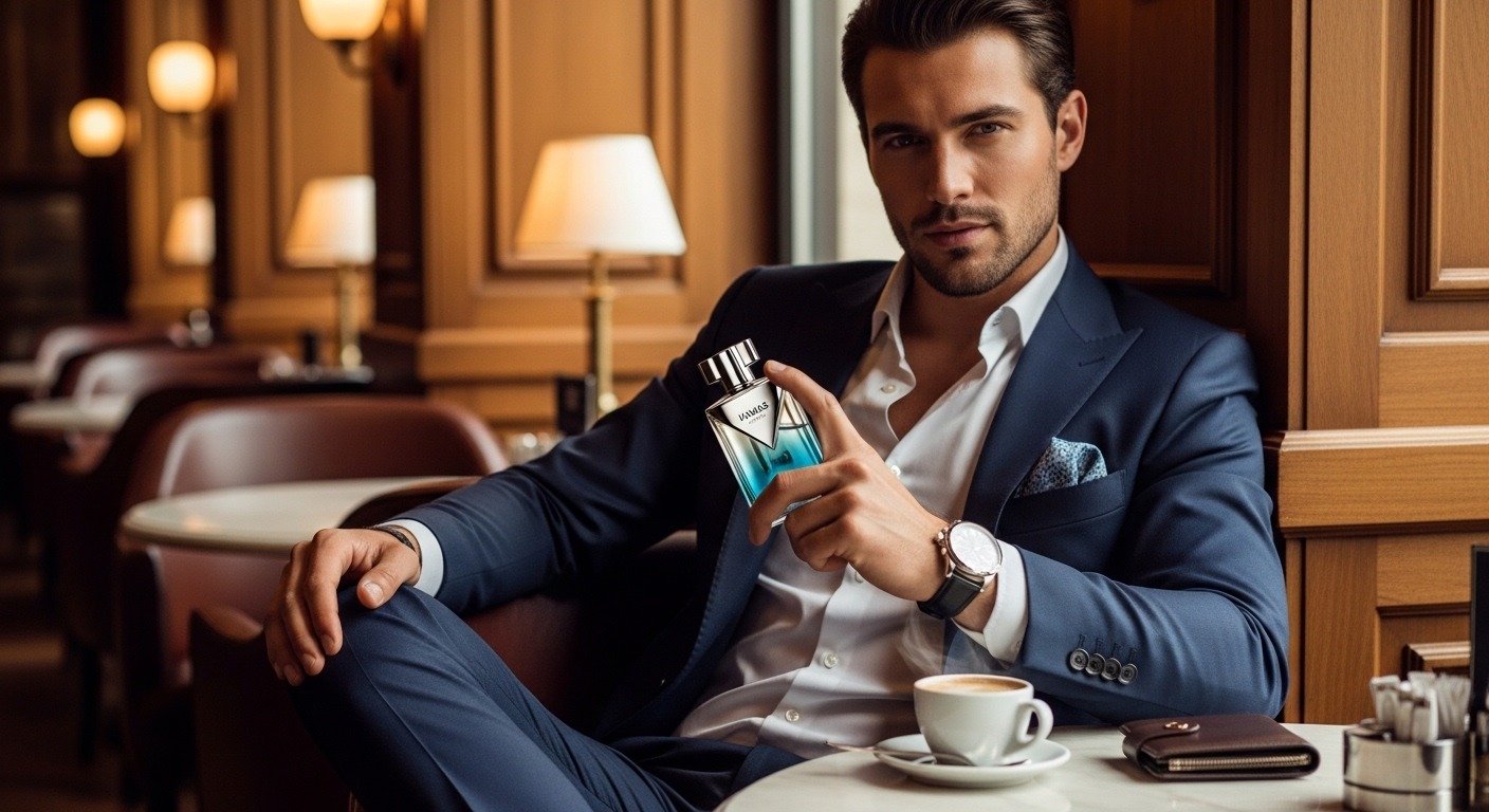 Stylish man holding Hawas perfume in a luxury café