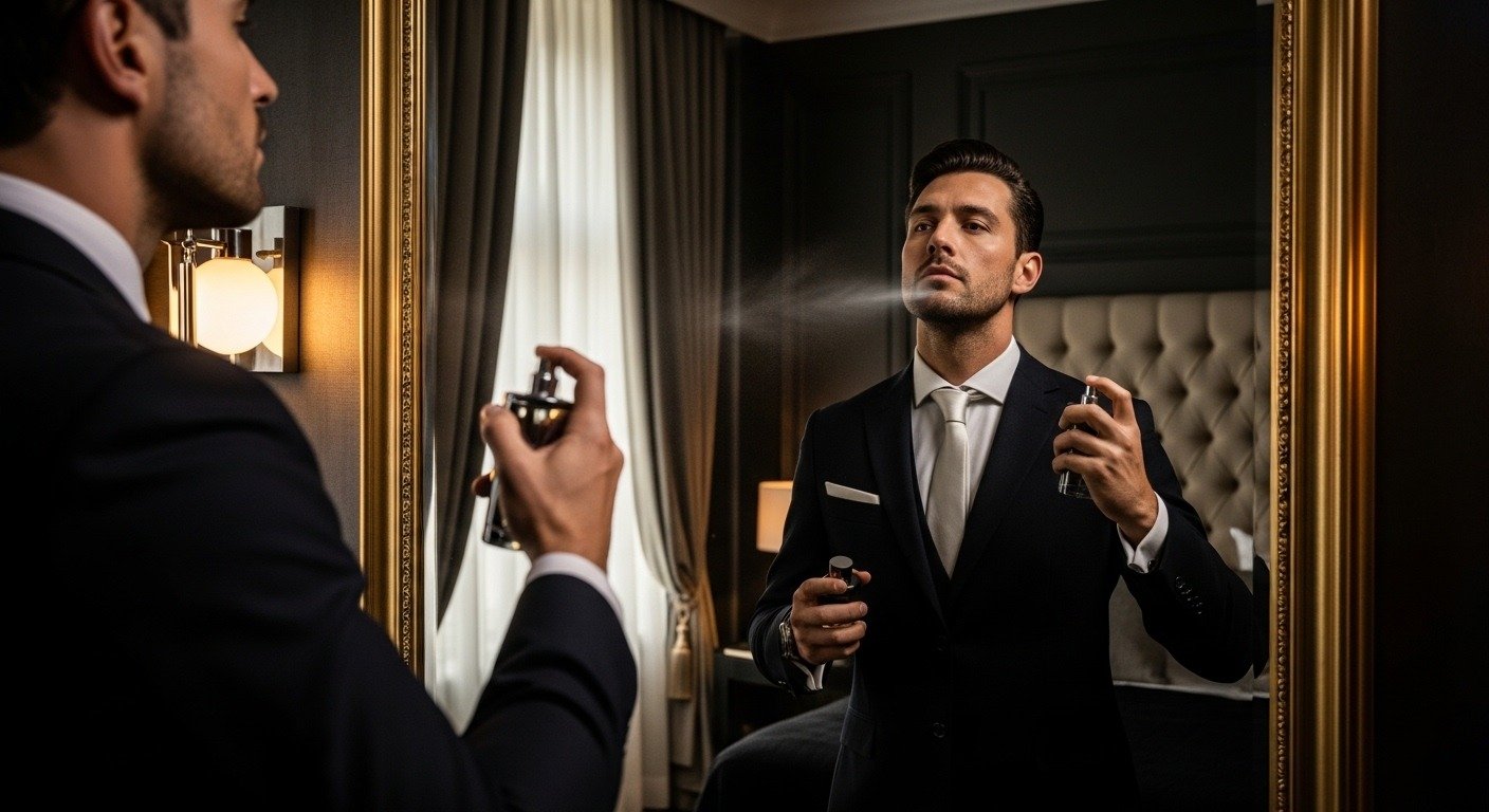 Stylish man applying Hawas perfume in front of a mirror