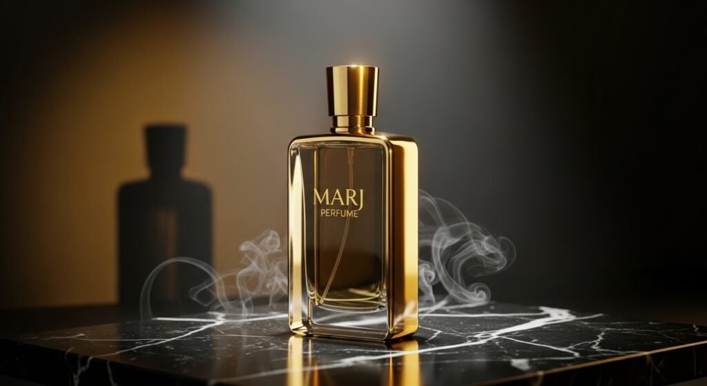 Marj Perfume luxury bottle on black marble with golden lighting and cinematic background