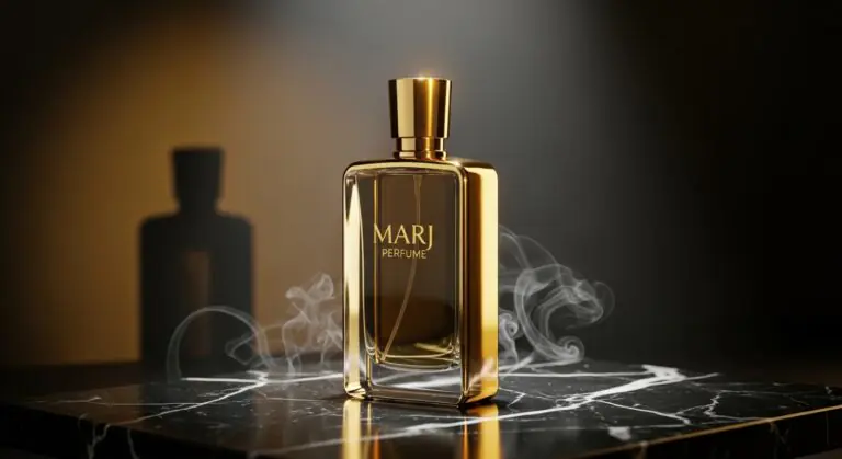 Marj Perfume luxury bottle on black marble with golden lighting and cinematic background