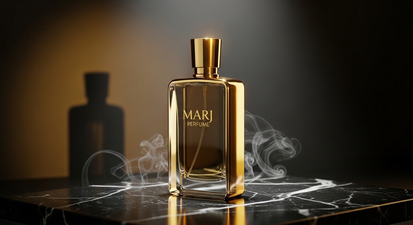 Marj Perfume luxury bottle on black marble with golden lighting and cinematic background