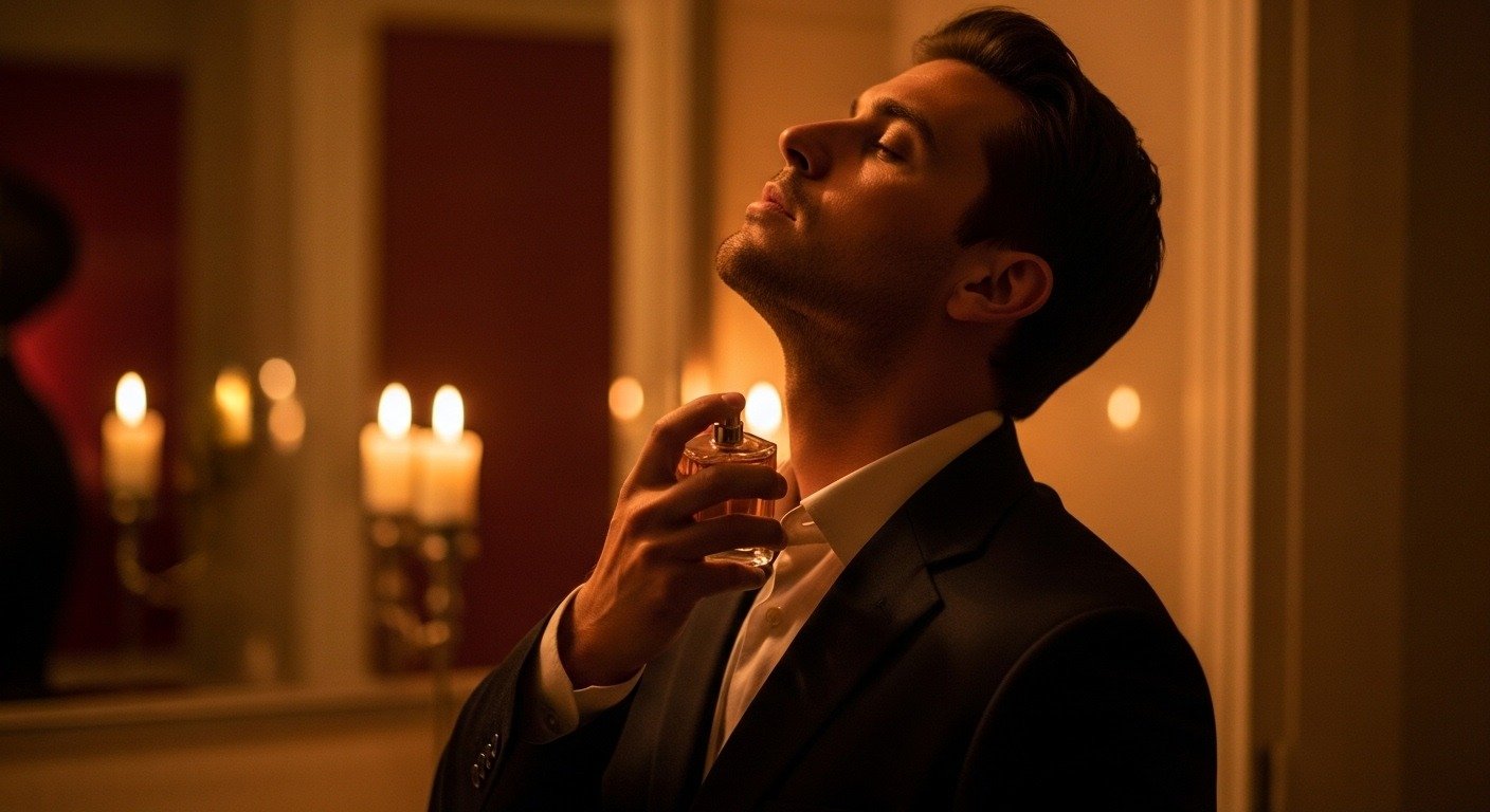 Man applying Scents and Stories perfume before romantic date