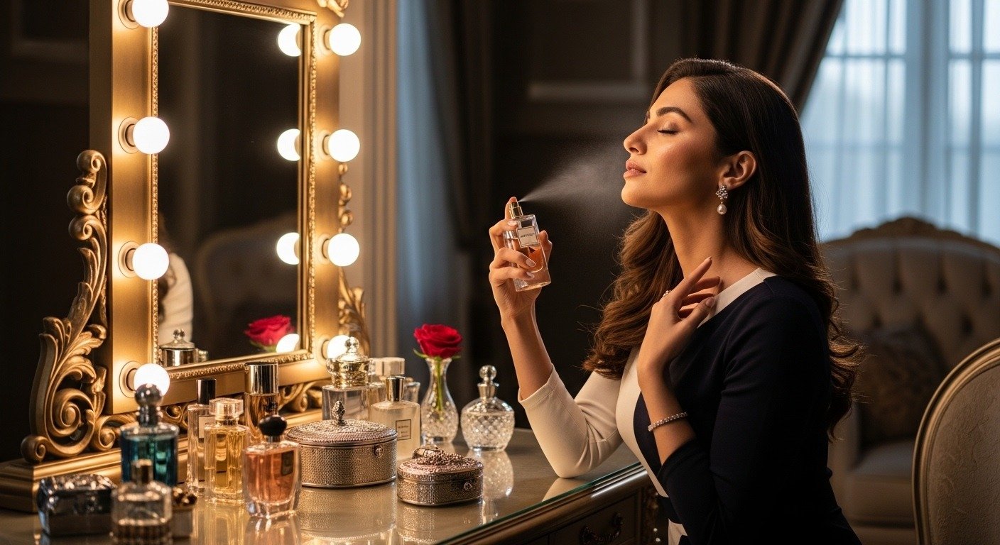 Beautiful woman applying Edenrobe perfume at dressing table