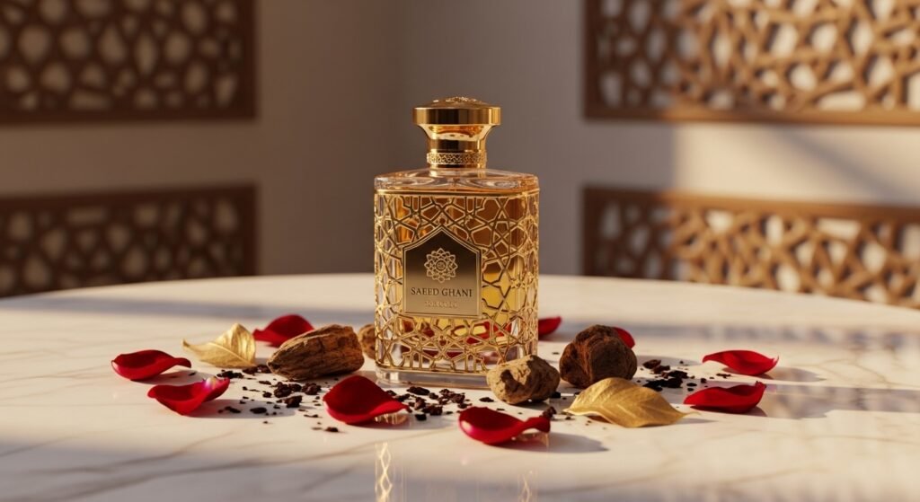 Saeed Ghani luxury perfume bottle with rose petals and oud wood