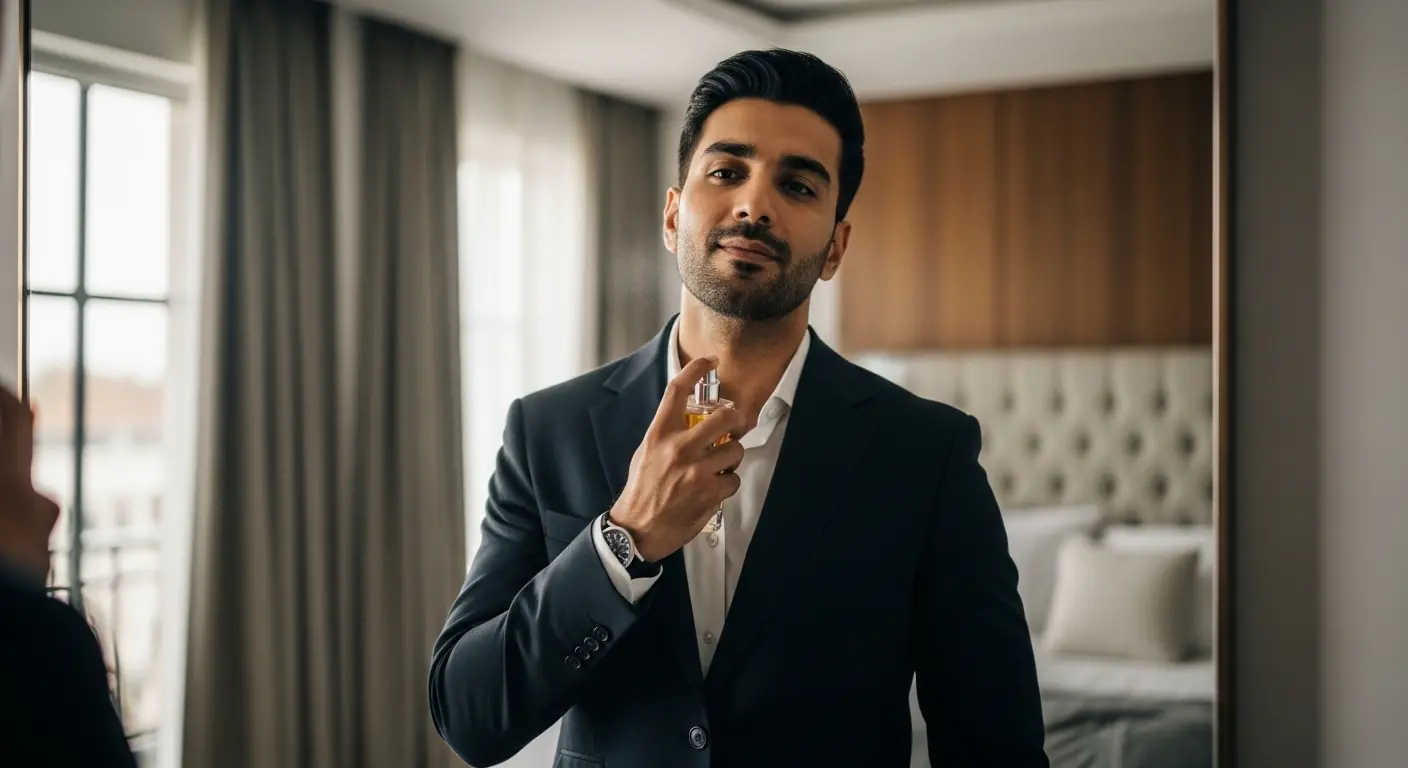 Pakistani man applying Edenrobe perfumes in front of mirror at home