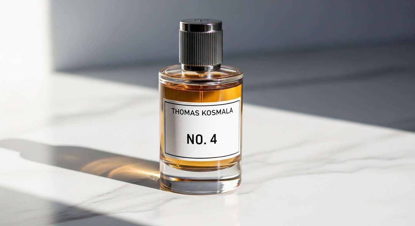 Thomas Kosmala No. 4 perfume bottle on marble surface with elegant lighting