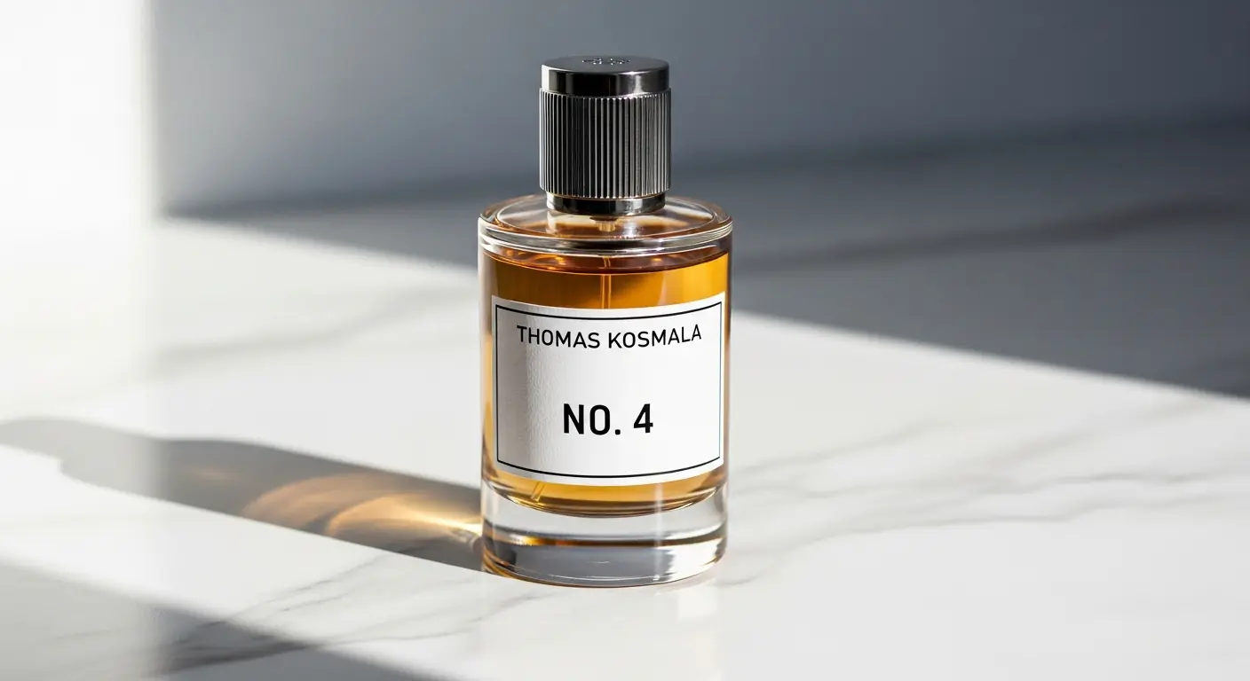 Thomas Kosmala No. 4 perfume bottle on marble surface with elegant lighting