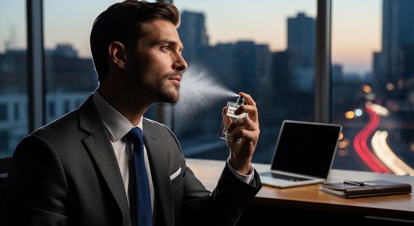 Businessman applying Office for Men perfume before an office meeting