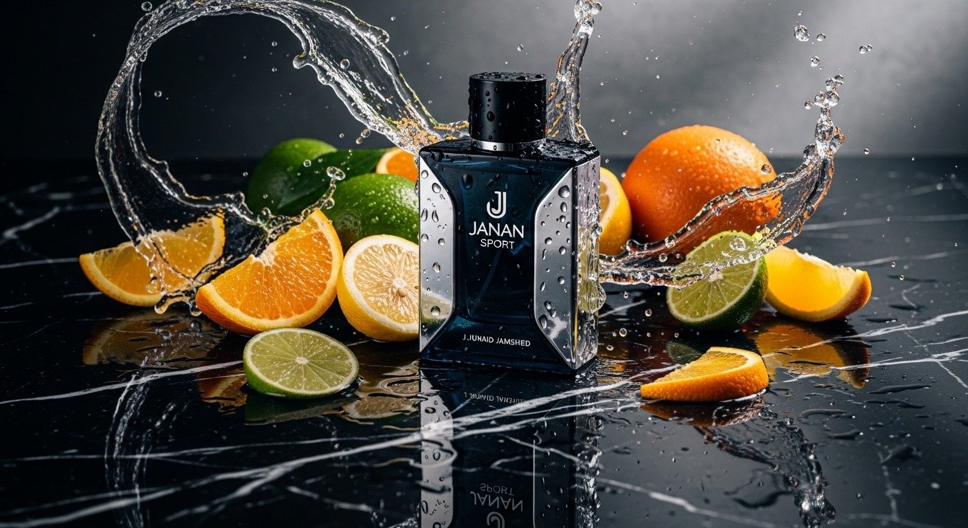 Janan Sport perfume bottle with citrus elements on luxury background