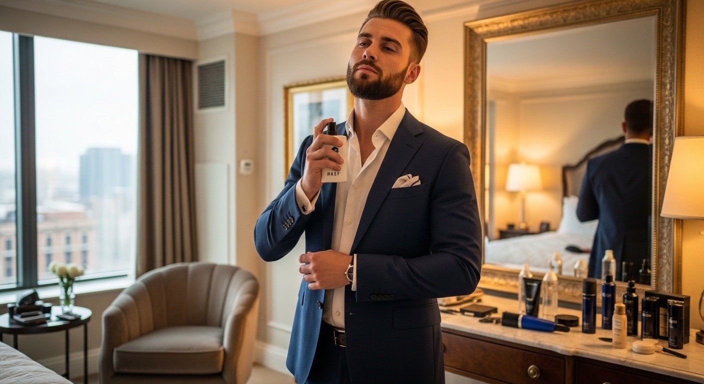Man applying Reef perfume on neck in front of mirror