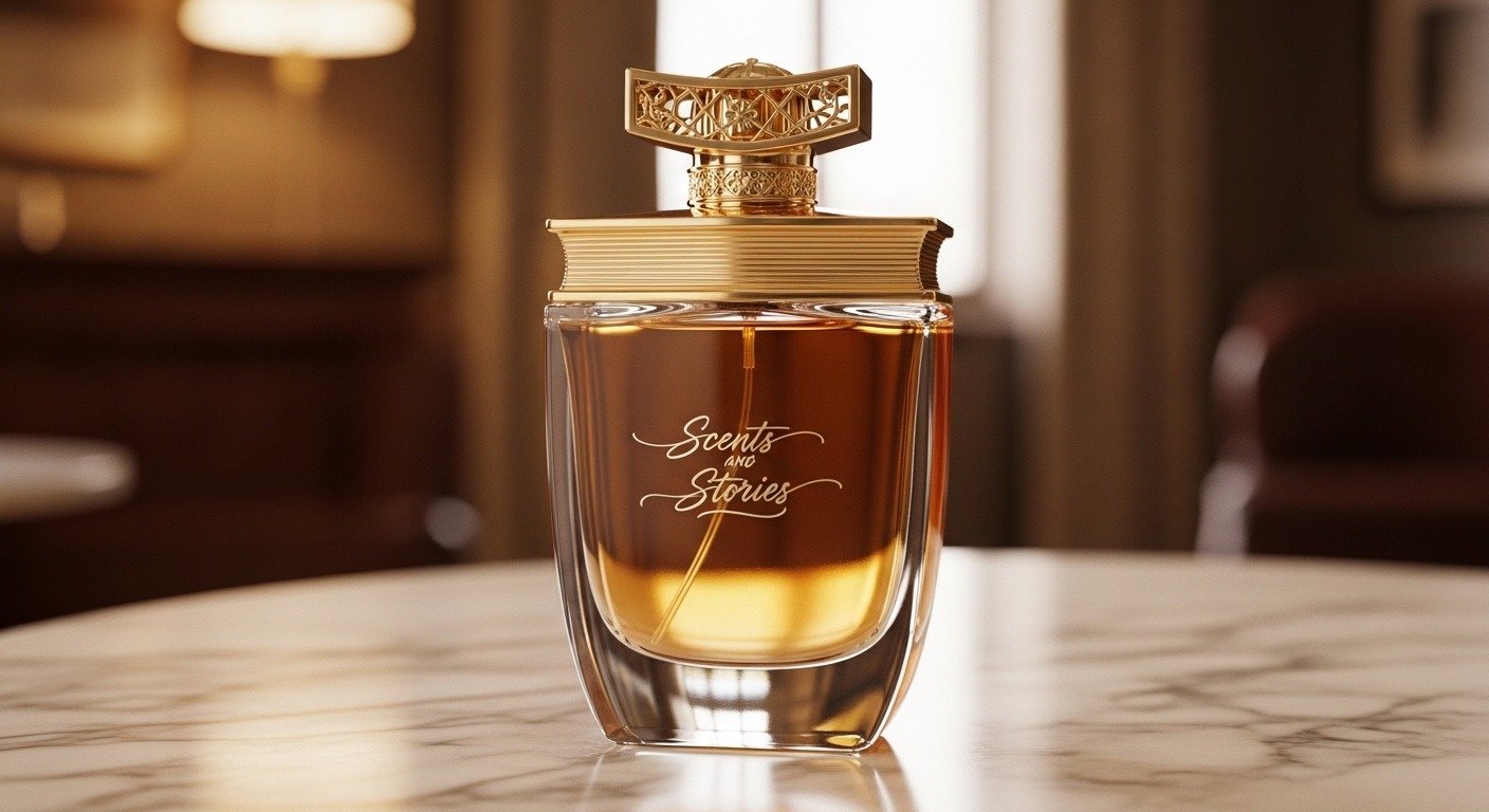 Scents and Stories luxury perfume bottle with premium golden lighting