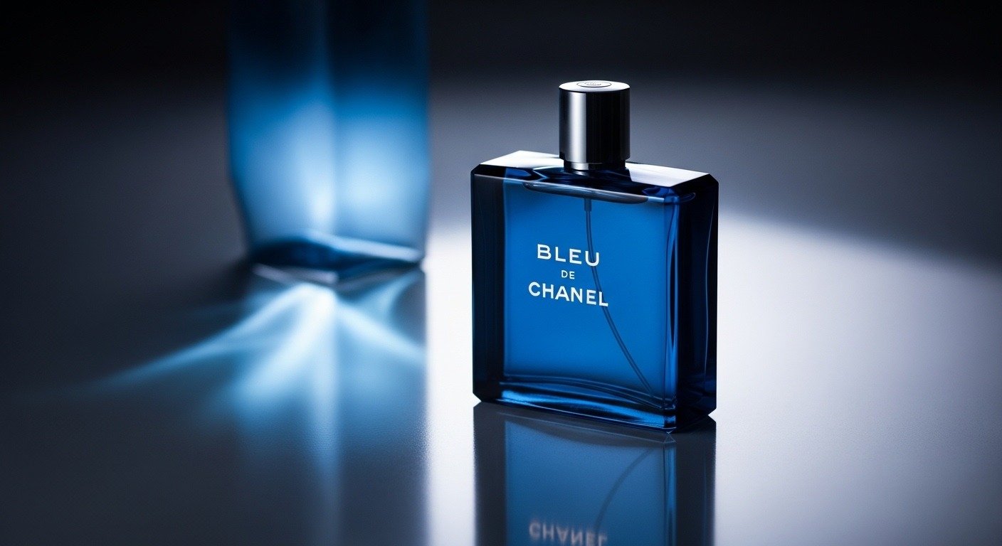Bleu de Chanel luxury perfume bottle with elegant dark background