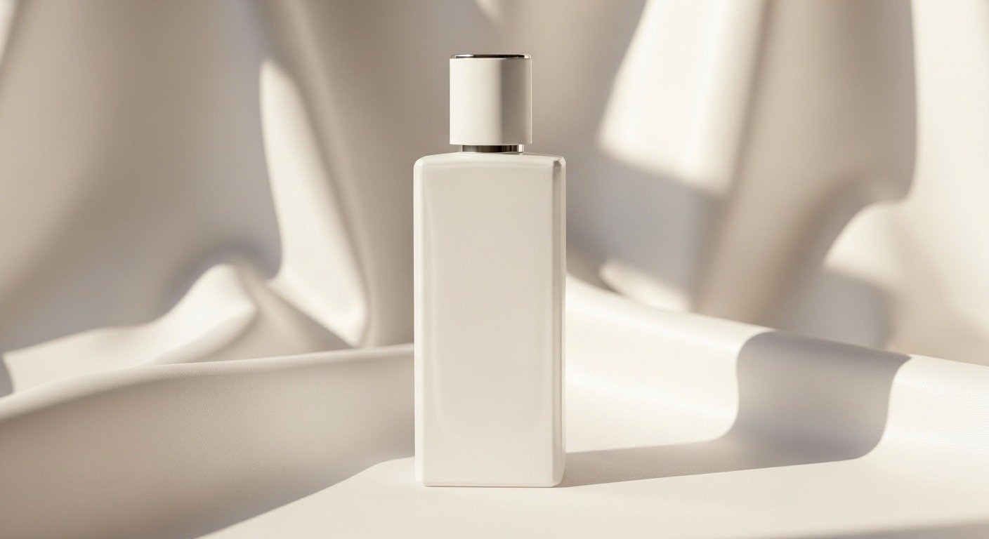 white musk perfume bottle on soft fabric with clean aesthetic