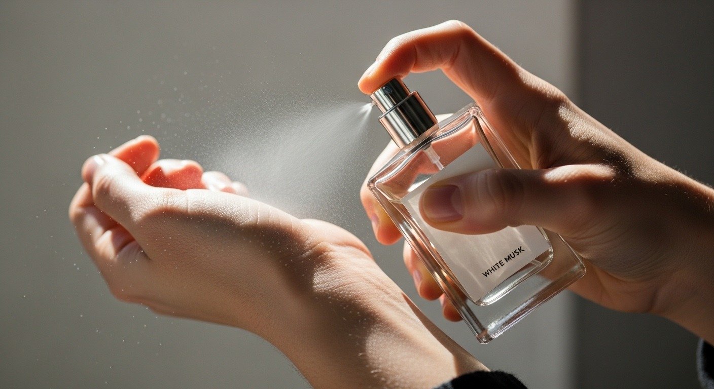 person applying white musk perfume on wrist close up