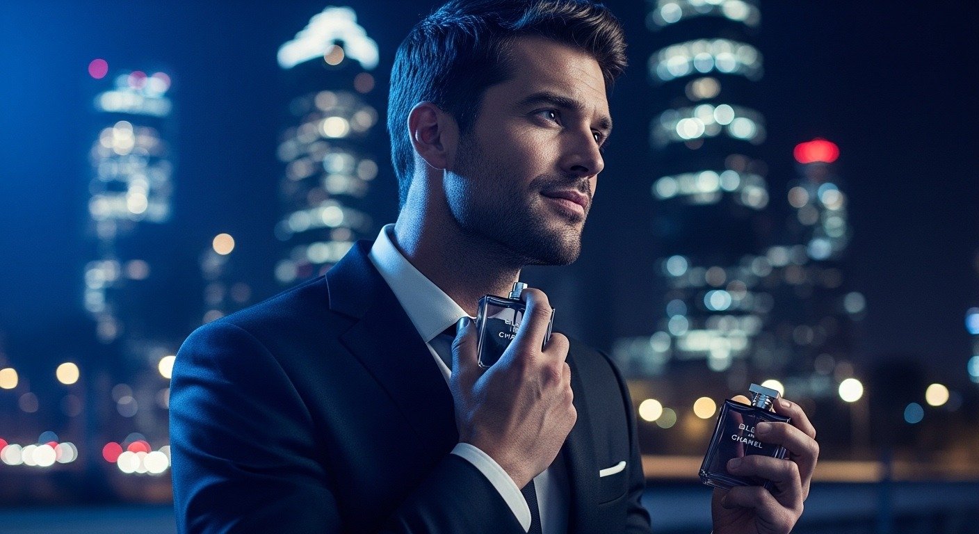 Man applying Bleu de Chanel perfume in a stylish urban setting