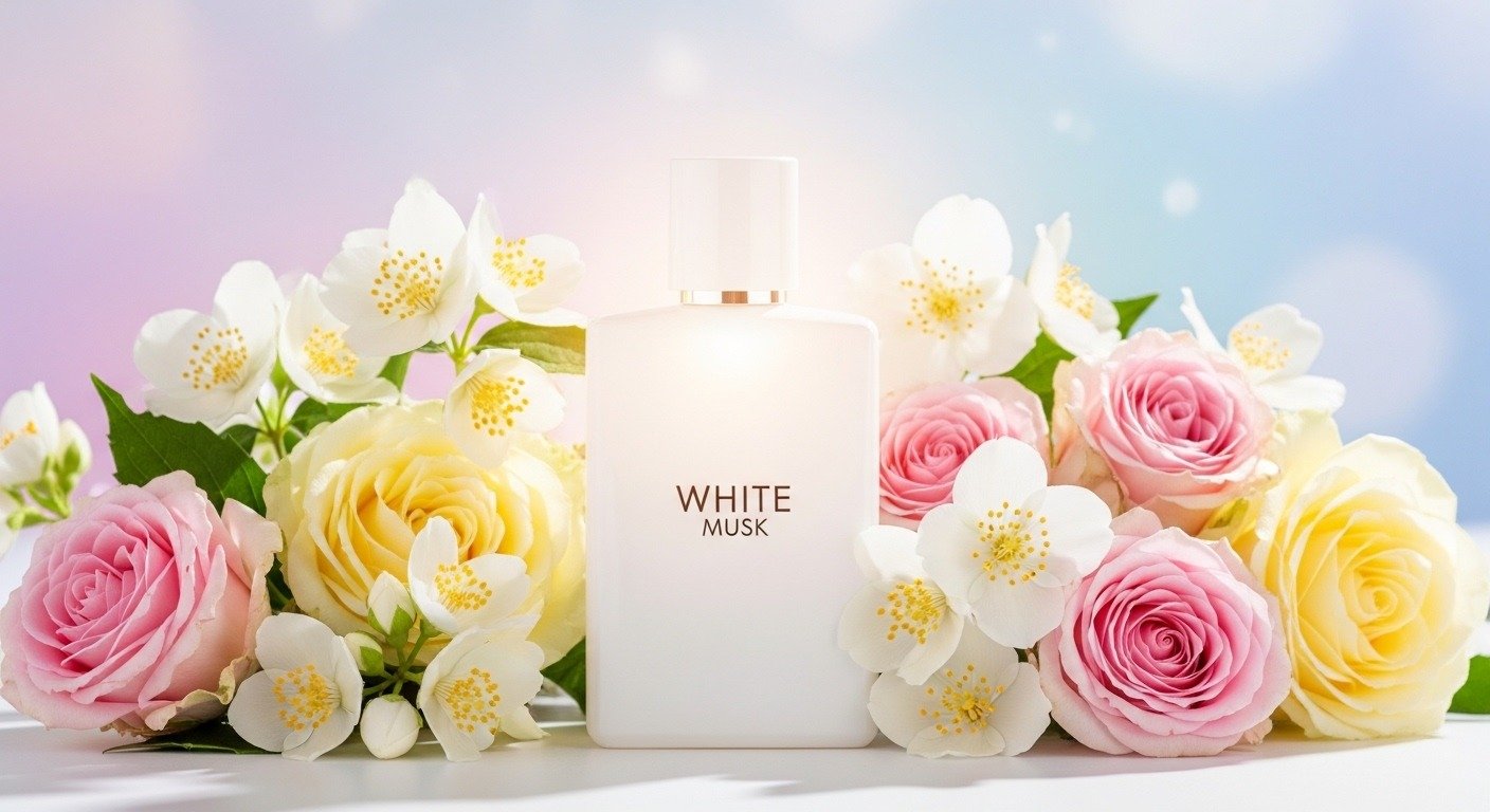 white musk perfume with jasmine and rose flowers aesthetic setup