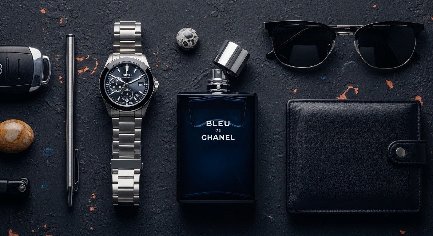 Bleu de Chanel with men accessories flat lay composition