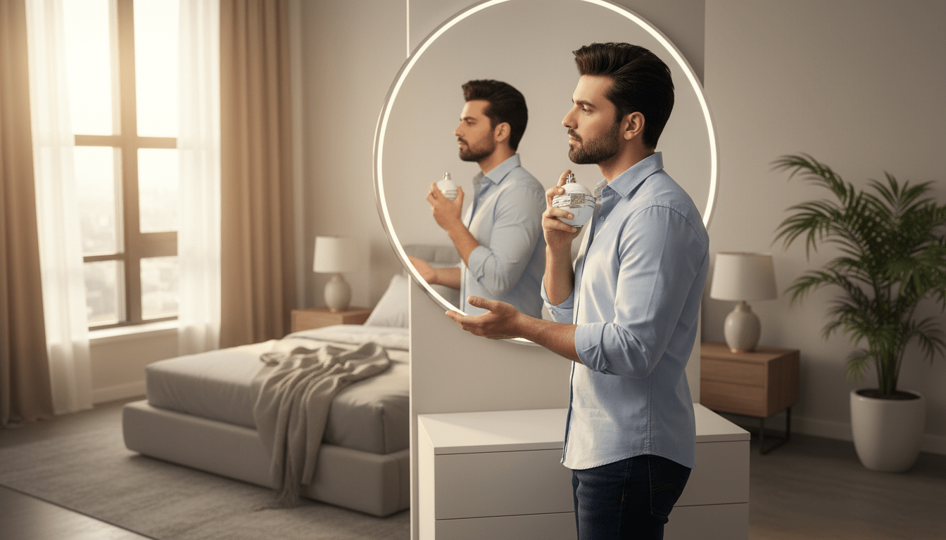 man applying 502 perfume in modern lifestyle setting