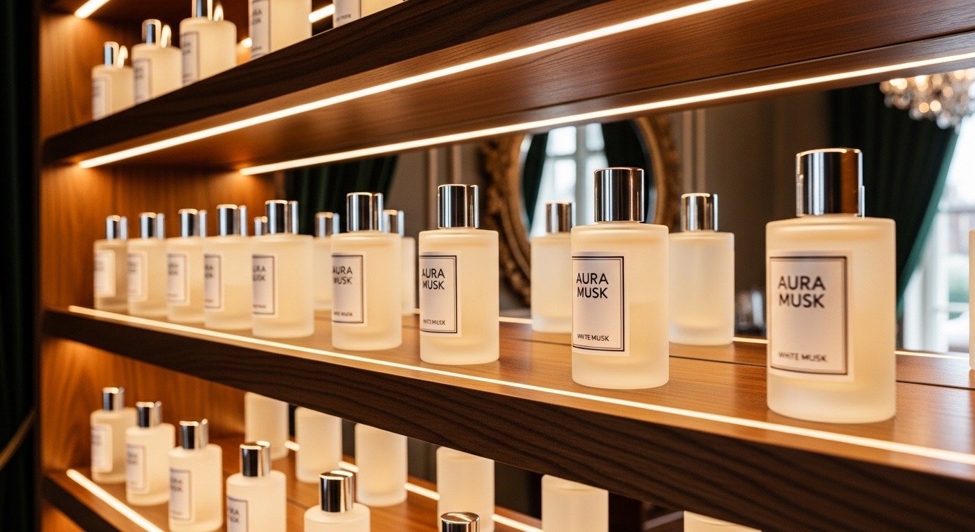 luxury white musk perfume bottles display shelf