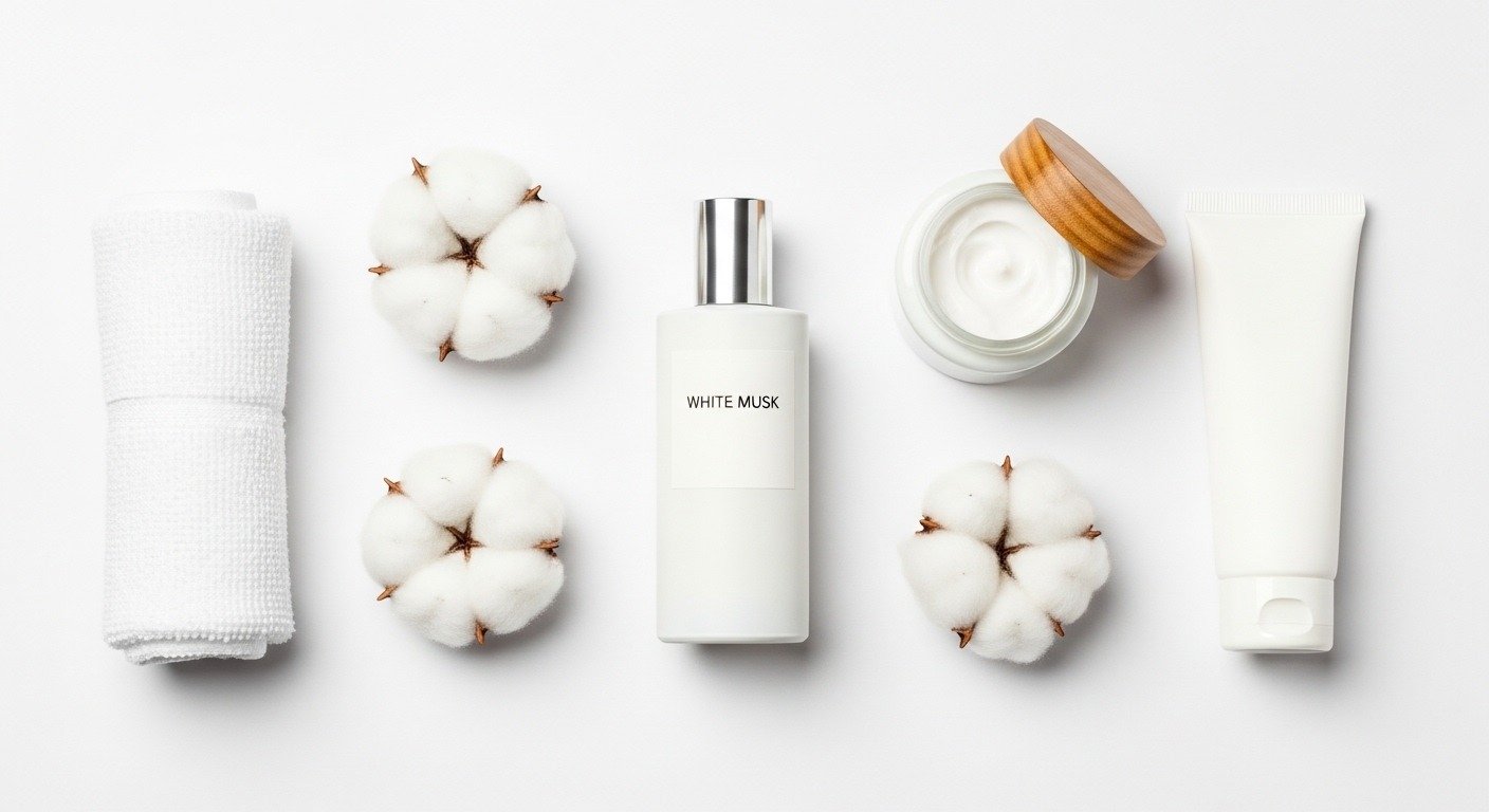 white musk perfume with cotton and clean lifestyle items flat lay